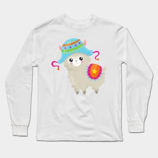 Cute Llama, Little Llama, Alpaca, Llama With Hat Long Sleeve T-Shirt